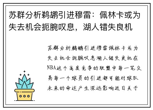 苏群分析鹈鹕引进穆雷：佩林卡或为失去机会扼腕叹息，湖人错失良机