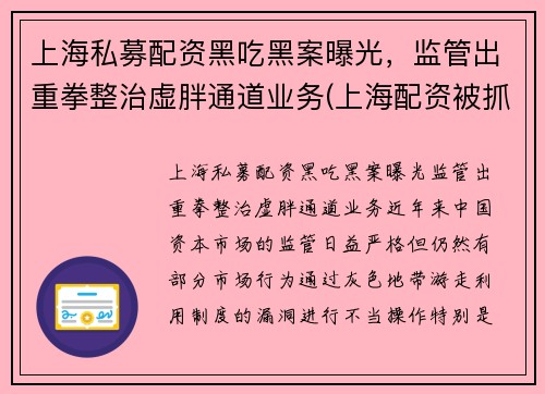 上海私募配资黑吃黑案曝光，监管出重拳整治虚胖通道业务(上海配资被抓)