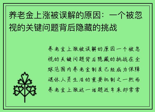 养老金上涨被误解的原因：一个被忽视的关键问题背后隐藏的挑战