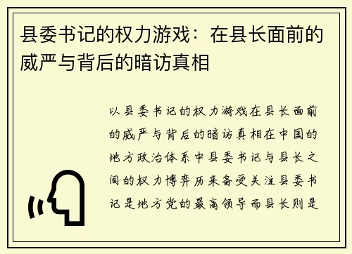 县委书记的权力游戏：在县长面前的威严与背后的暗访真相