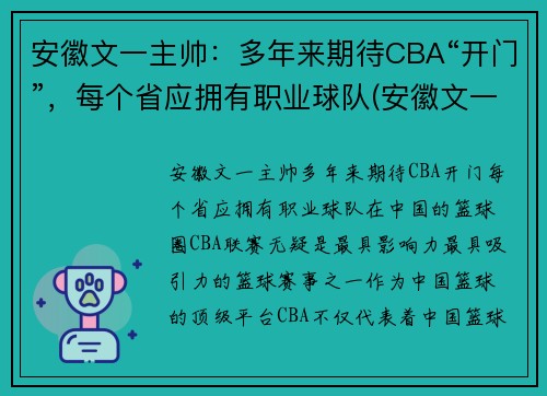 安徽文一主帅：多年来期待CBA“开门”，每个省应拥有职业球队(安徽文一阵容)