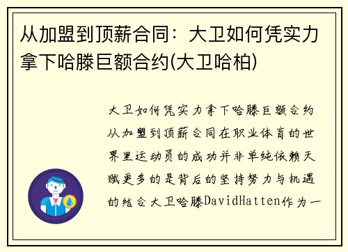 从加盟到顶薪合同：大卫如何凭实力拿下哈滕巨额合约(大卫哈柏)