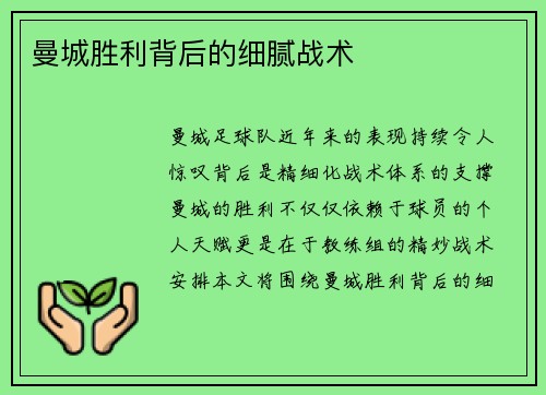 曼城胜利背后的细腻战术
