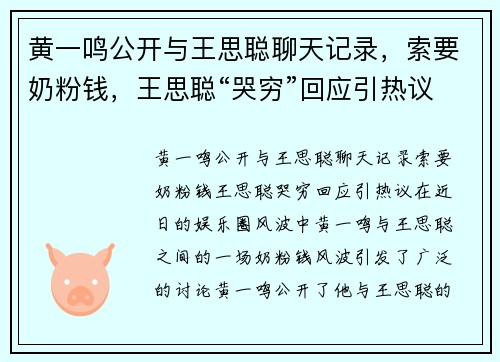 黄一鸣公开与王思聪聊天记录，索要奶粉钱，王思聪“哭穷”回应引热议