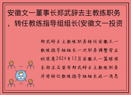 安徽文一董事长郑武辞去主教练职务，转任教练指导组组长(安徽文一投资集团真正老板)